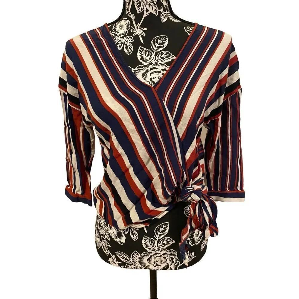Zara Basic Cropped Striped Blouse Side Tie Beach Coastal Crop Top Patriotic